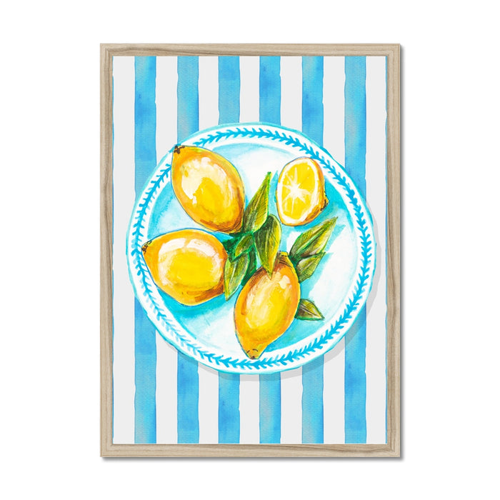 Lemon Painting on Blue Stripe | Kitchen Wall Art - Unframed