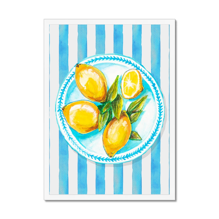 Lemon Painting on Blue Stripe | Kitchen Wall Art - Unframed
