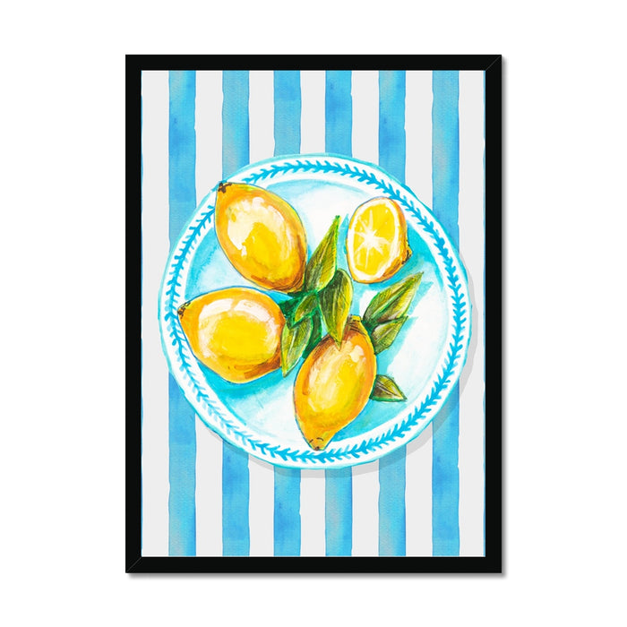 Lemon Painting on Blue Stripe | Kitchen Wall Art - Unframed