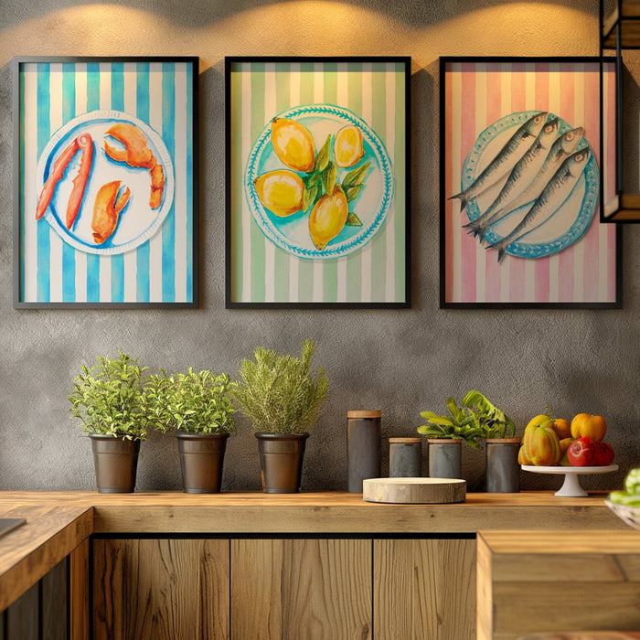 Lemon Painting on Green Stripe | Kitchen Wall Art - Framed