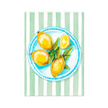 Hand-painted artwork of lemons on a plate with a green striped background.
