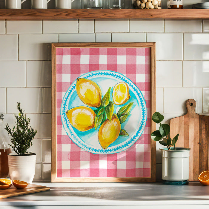 Lemon Painting on Red Gingham | Kitchen Wall Art - Unframed