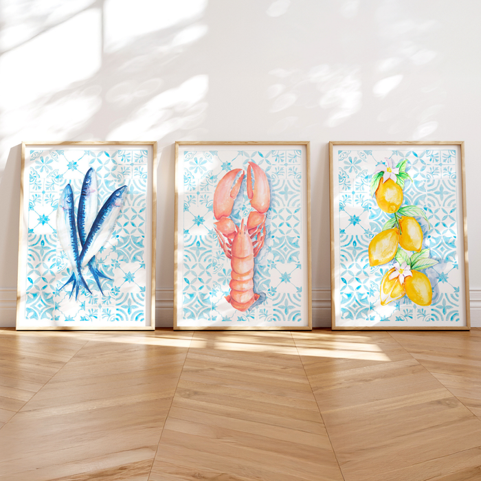 set of three kitchen art prints of food on colourful tiles - food art prints