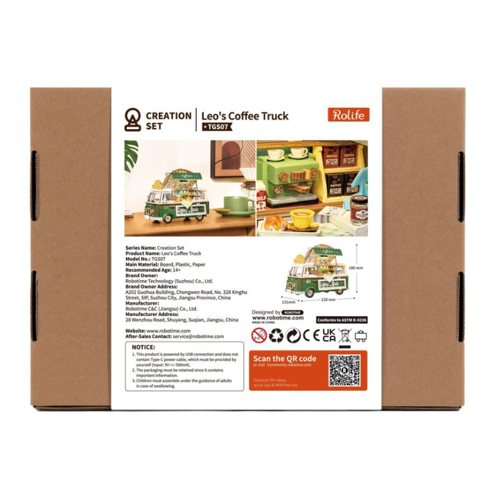 The back of a brown cardboard box for the 'Creation Set Leo's Coffee Truck' by Rolife, featuring product details, assembly photos, and a QR code on a white background.