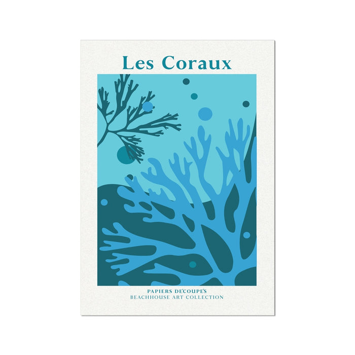 Coral art print with underwater design of corals and the text 'Les Coraux' on a white background.