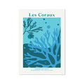 Coral art print with underwater design of corals and the text 'Les Coraux' on a white background.