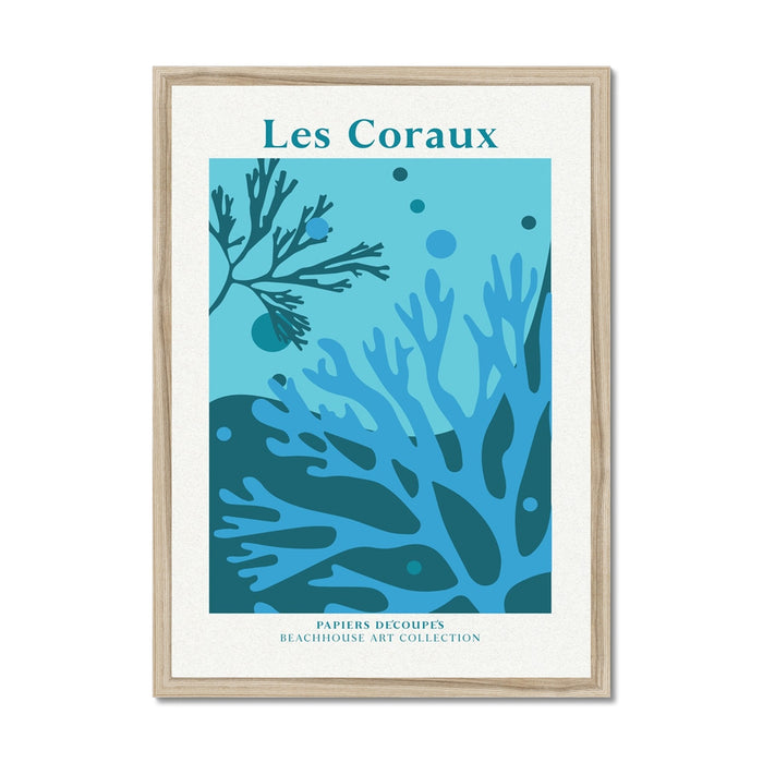Framed coral artwork of an underwater scene with coral and 'Les Coraux' text on a white background