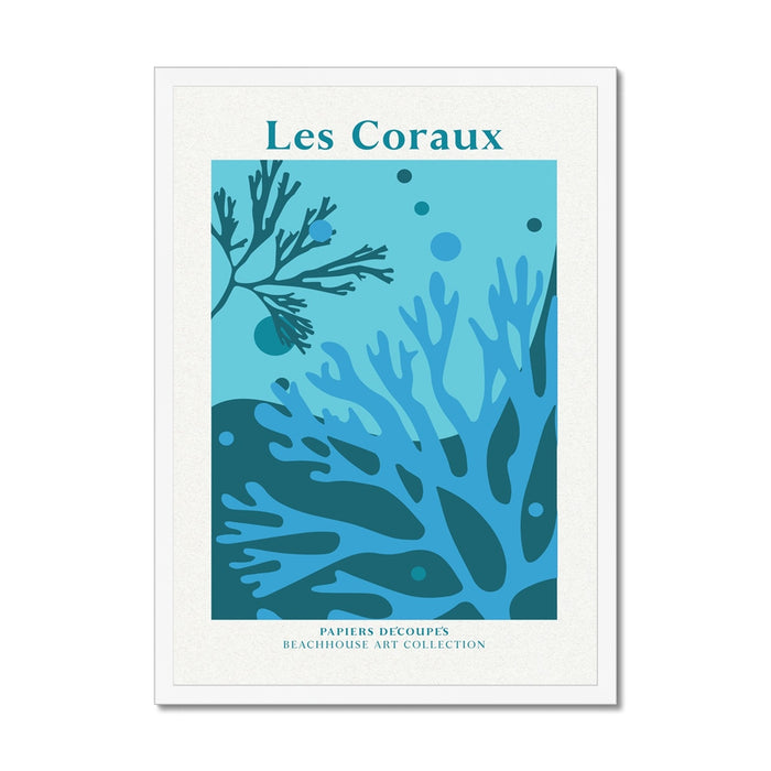 Framed coral artwork of underwater scene with coral and seaweed, featuring 'Les Coraux' text.