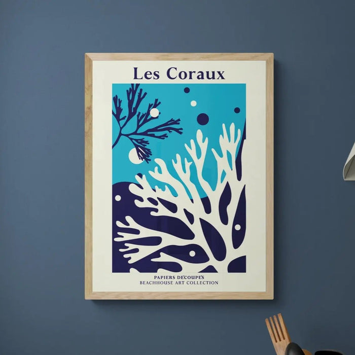 Coral wall art print in natural frame in kitchen