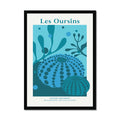 Framed artwork of sea urchins and underwater plants with 'Les Oursins' text.