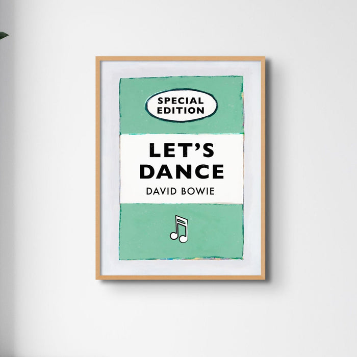 A vintage book cover with the title 'Let's Dance' by David Bowie, indicating a print for wall decoration.