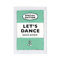 A vintage book cover with the title 'Let's Dance' by David Bowie, indicating a print for wall decoration.