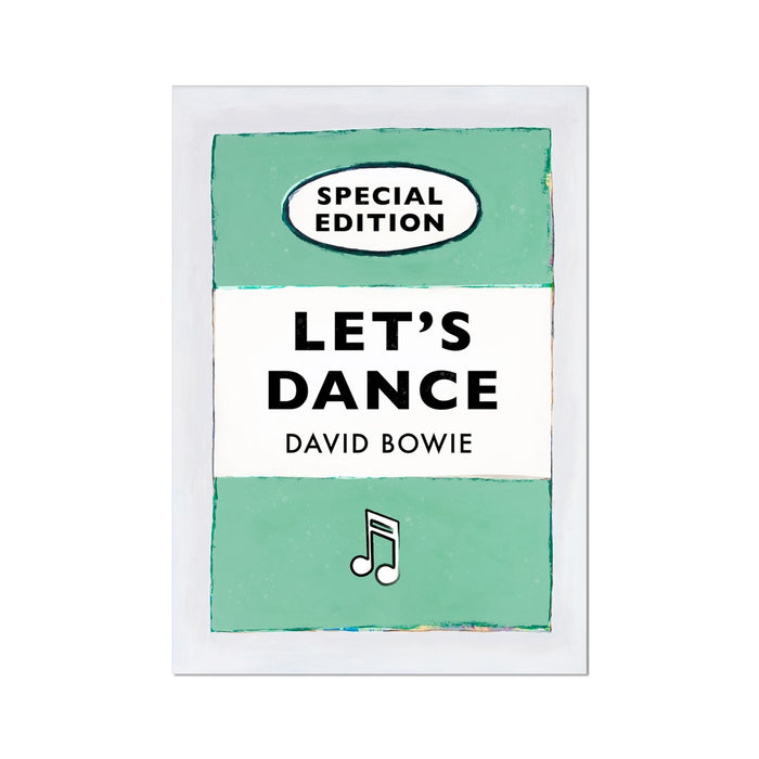 A vintage book cover with the title 'Let's Dance' by David Bowie, indicating a print for wall decoration.