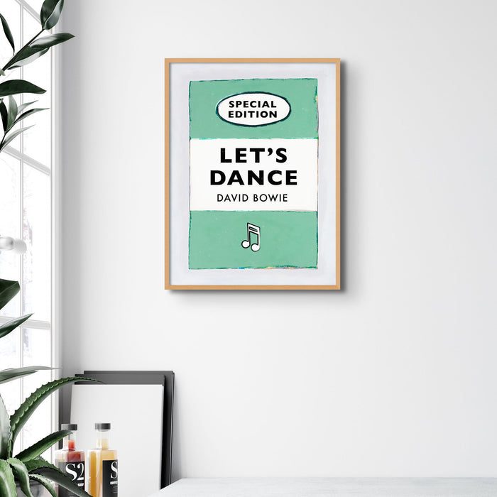 A vintage book cover with the title 'Let's Dance' by David Bowie, indicating a print for wall decoration.