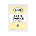 A print of a vintage book cover with the title 'Let's Dance' by David Bowie, predominantly yellow and black in color, with the text arranged in a simple, bold typography style.