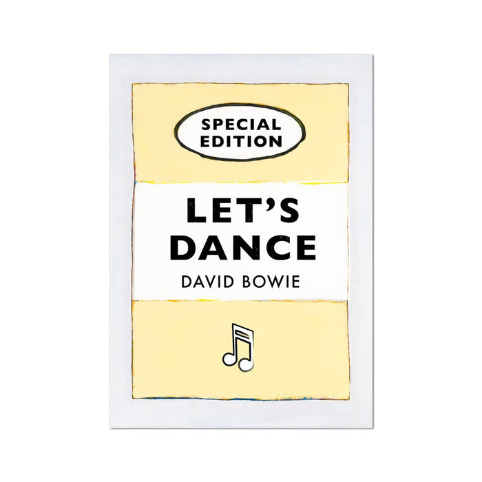 A print of a vintage book cover with the title 'Let's Dance' by David Bowie, predominantly yellow and black in color, with the text arranged in a simple, bold typography style.
