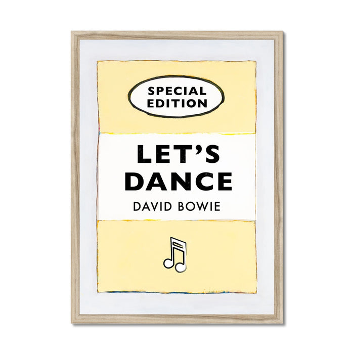 A print of a vintage book cover with the title 'Let's Dance' by David Bowie, predominantly yellow and black in color, with the text arranged in a simple, bold typography style.