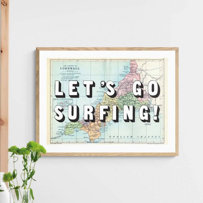 Let's Go Surfing! Art Print | Cornwall Map Print | Vintage Map Art - Framed Wall Art