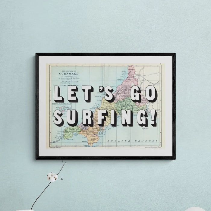 Let's Go Surfing! Art Print | Cornwall Map Print | Vintage Map Art - Framed Wall Art