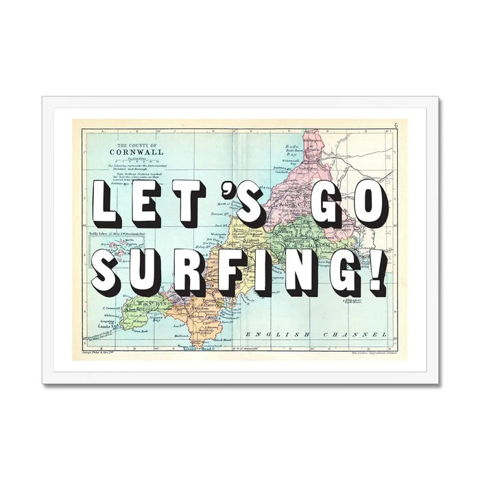 Let's Go Surfing! Art Print | Cornwall Map Print | Vintage Map Art - Framed Wall Art