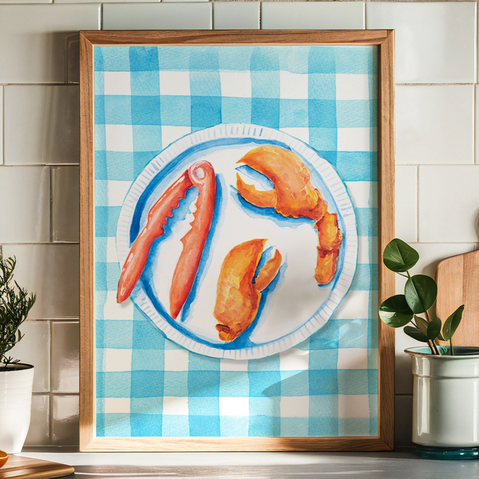 Lobster Painting on Blue Gingham | Kitchen Wall Art - Framed