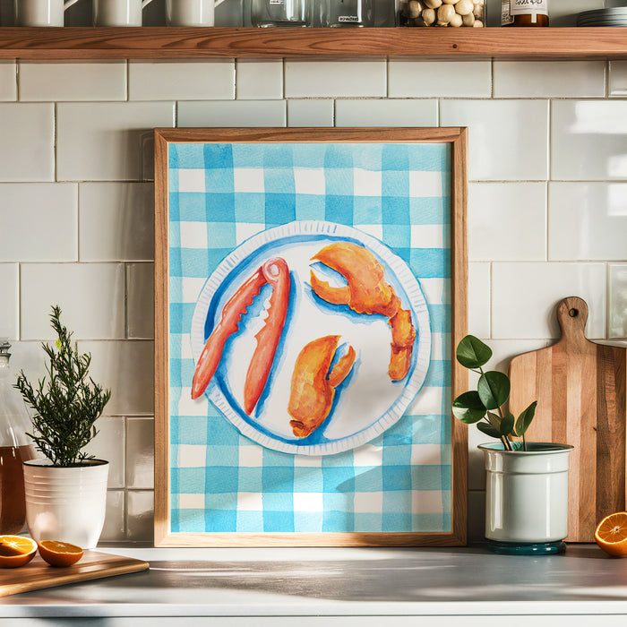 Lobster Painting on Blue Gingham | Kitchen Wall Art - Framed