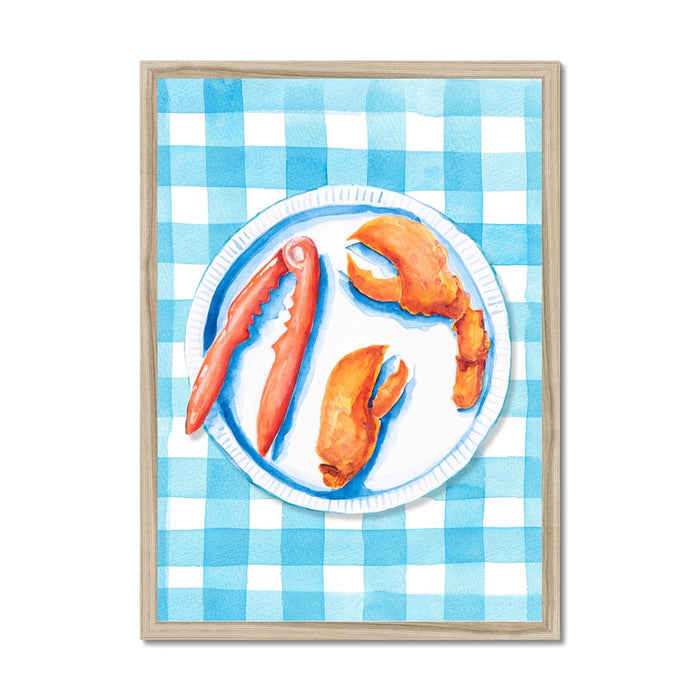 Lobster Painting on Blue Gingham | Kitchen Wall Art - Unframed
