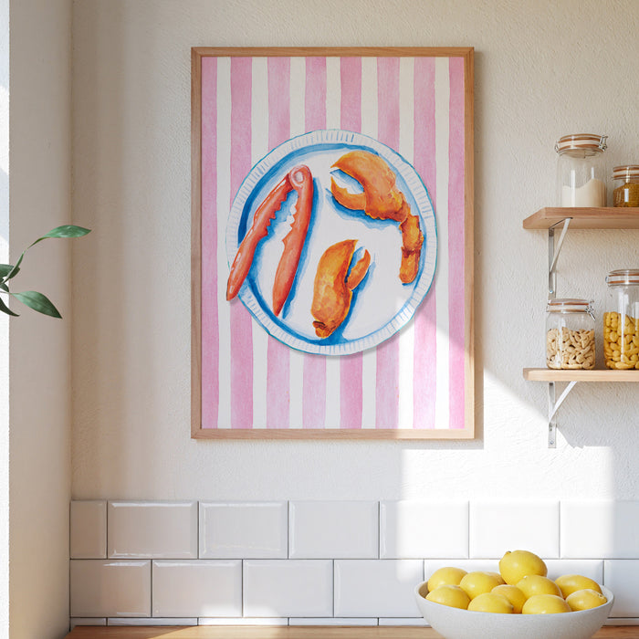 Lobster Painting on Red Pink Stripe | Kitchen Wall Art - Framed