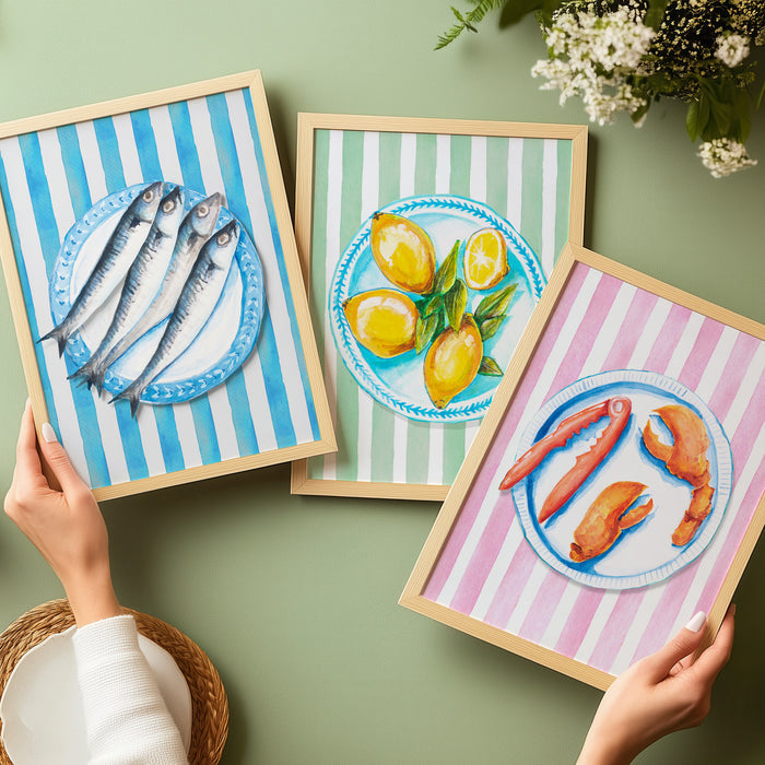 Lobster Painting on Red Pink Stripe | Kitchen Wall Art - Unframed