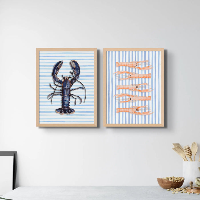 set of 2 shellfish painting wall art prints above kitchen sideboard - beach house art