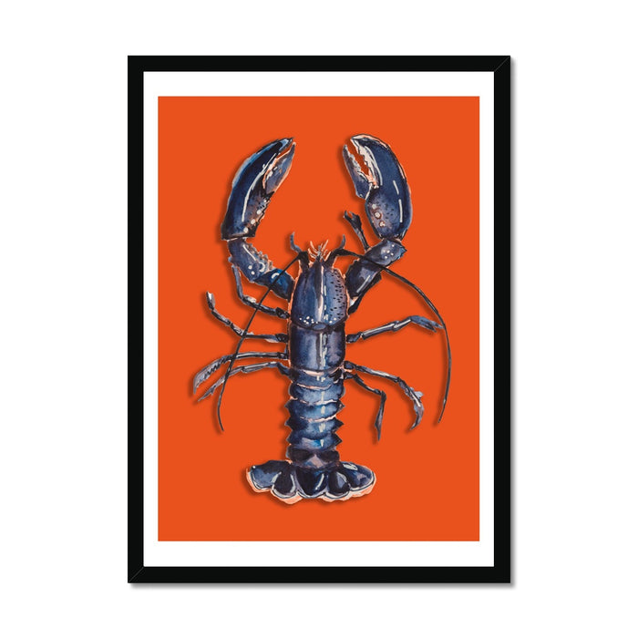 A framed print of a blue lobster on an orange background, designed as kitchen wall art. Black frame.