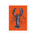A framed print of a blue lobster on an orange background, designed as kitchen wall art.