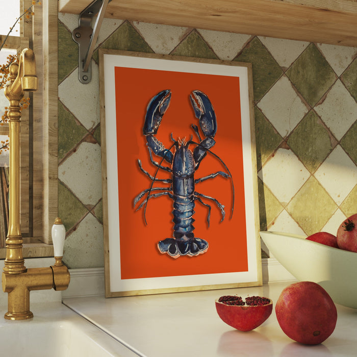 Colourful lobster wall art in kitchen – framed lobster print with bold orange background