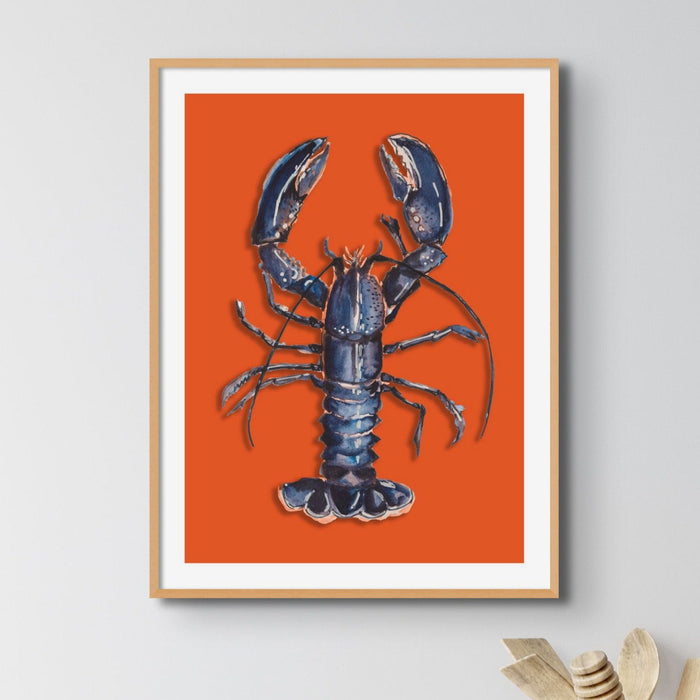 Lobster print with bold orange background – colourful kitchen wall art in natural wood frame