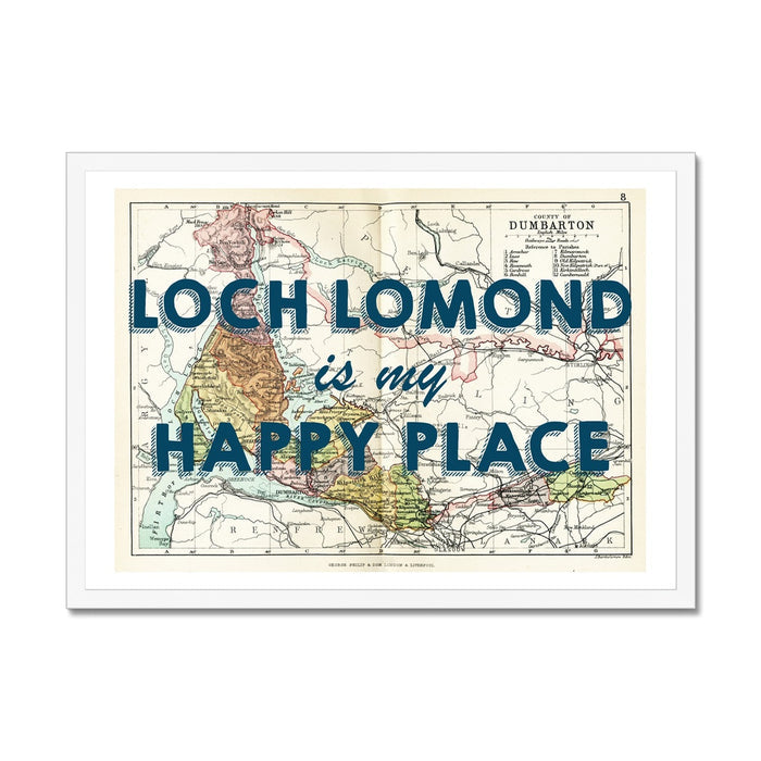 Framed vintage map print with the text 'Loch Lomond is my Happy Place' overlayed on it.