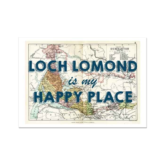 A framed print featuring a vintage map with the text 'LOCH LOMOND is my HAPPY PLACE' overlayed on top.