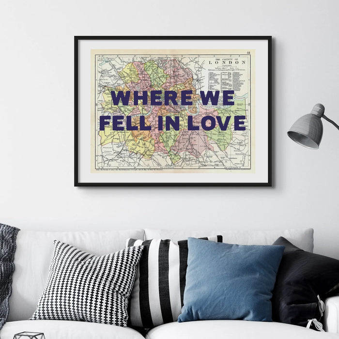 Framed personalised city map art print of London with navy font - custom wall art