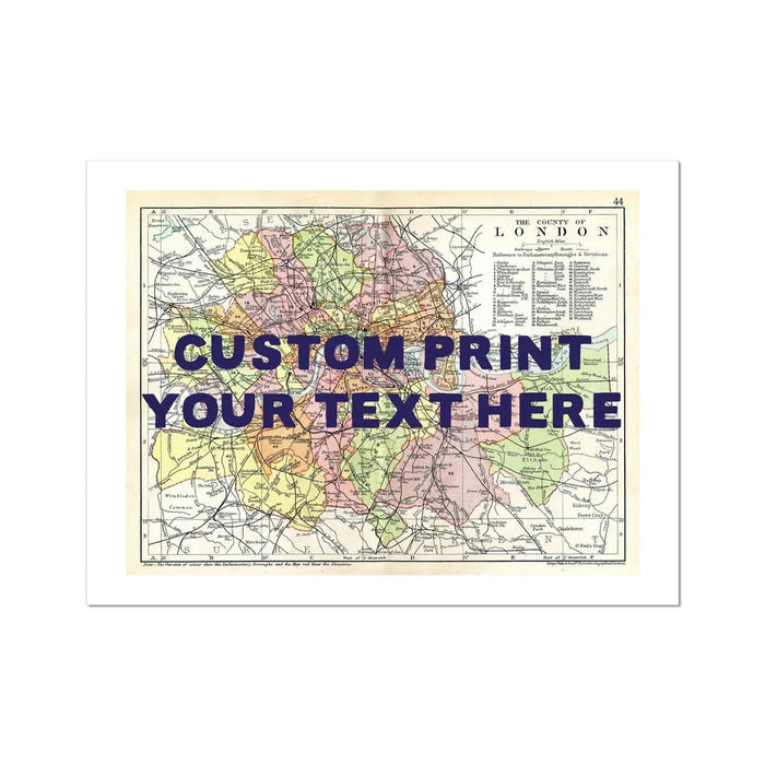 Framed personalised city map art print of London with navy font - Unframed wall art