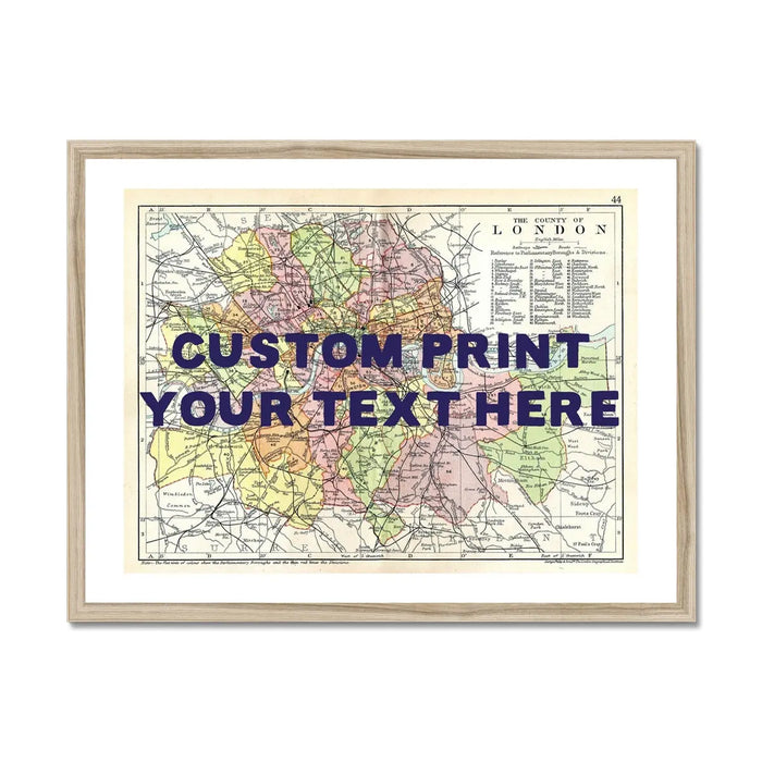 Framed personalised city map art print of London with navy font - custom wall art