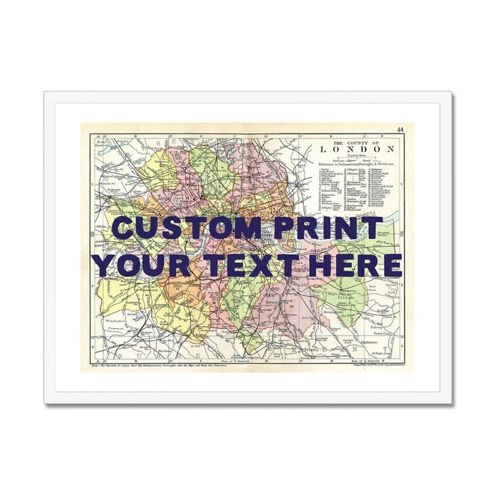 Framed personalised city map art print of London with navy font - custom wall art