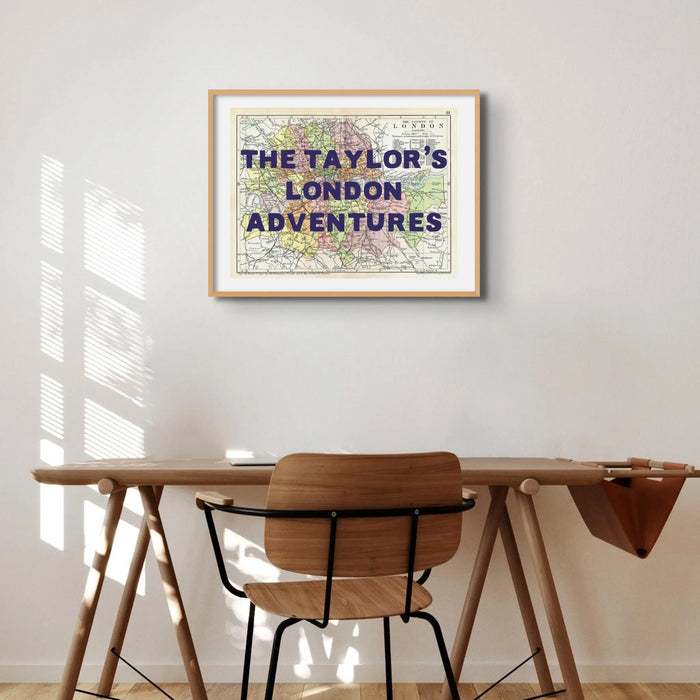Framed personalised city map art print of London with navy font - Unframed wall art