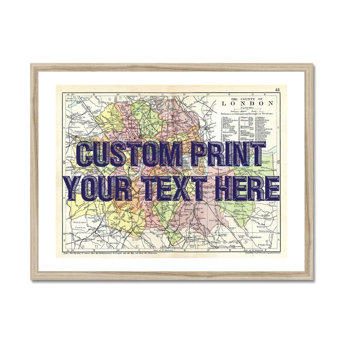 Coastal wall art featuring a personalised vintage city map print of London with pink font  - Framed Wall Art