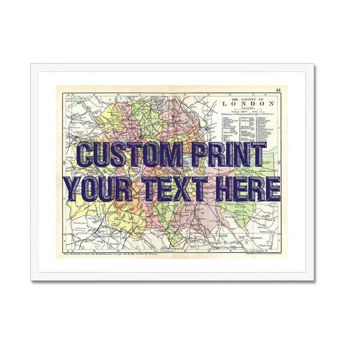 Coastal wall art featuring a personalised vintage city map print of London with pink font  - Framed Wall Art