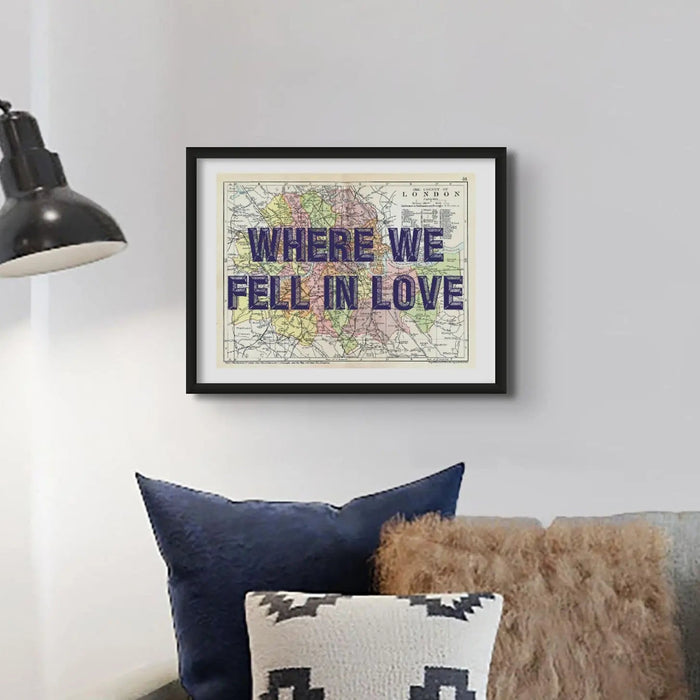 Personalised vintage city map print of London with pink font  - Framed Wall Art