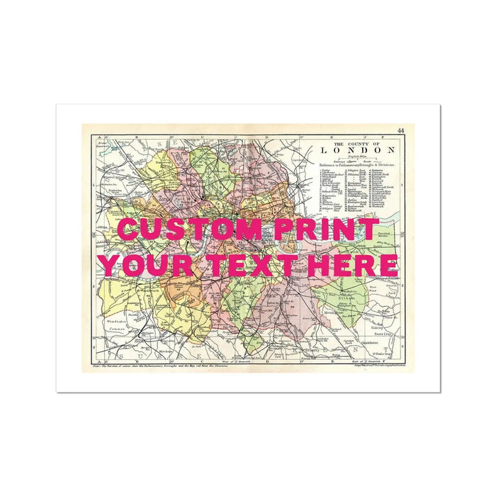 Personalised London map print of London with pink hand-drawn font - Unframed wall art