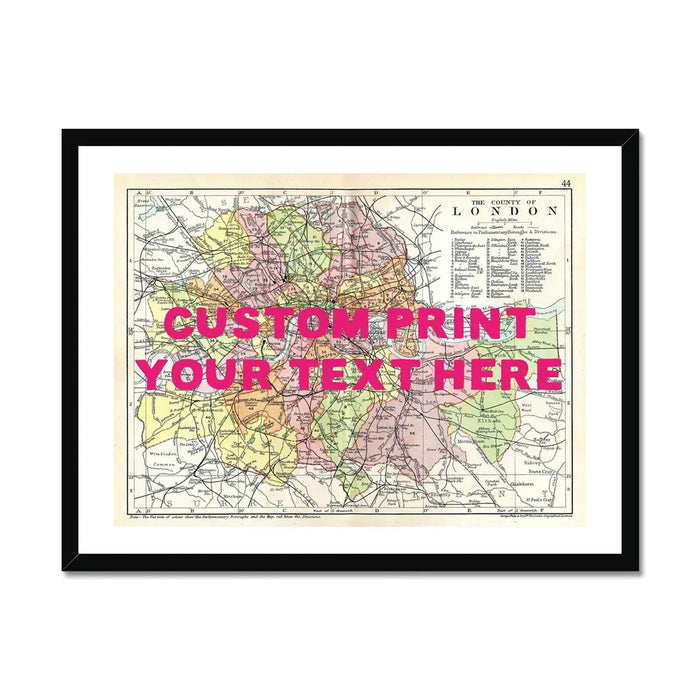 Framed personalised city map art print of London with pink font - framed wall art