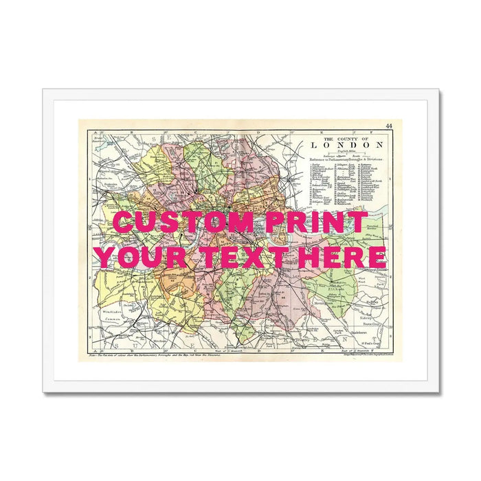 Framed personalised city map art print of London with pink font - framed wall art