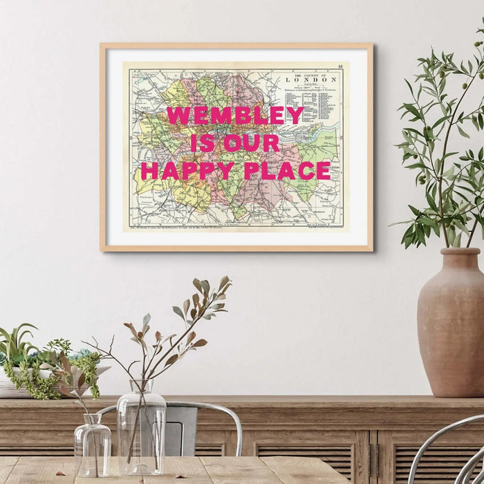 Framed personalised London city map print of London with pink font - framed wall art