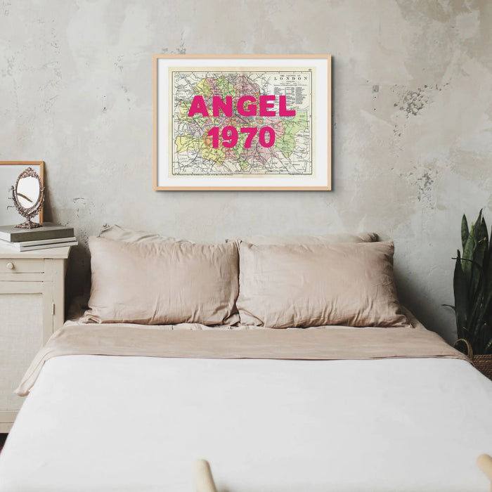 Framed personalised city map art print of London with pink hand-drawn font - Unframed wall art