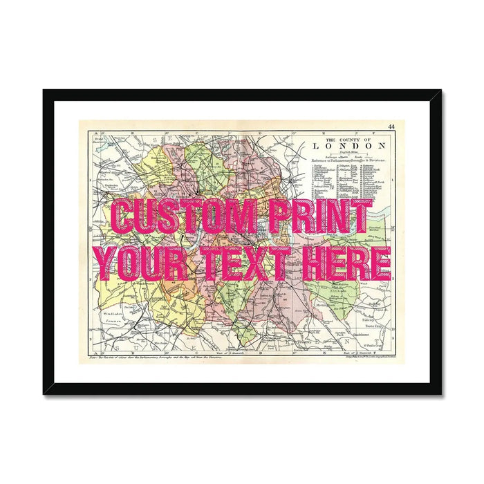 Coastal wall art featuring a personalised vintage city map print of London with navy font - Framed